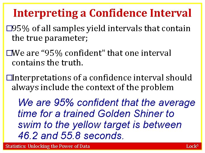 Interpreting a Confidence Interval � 95% of all samples yield intervals that contain the