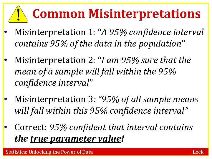 Common Misinterpretations • Misinterpretation 1: “A 95% confidence interval contains 95% of the data
