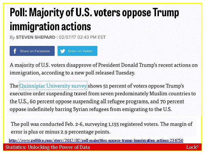 http: //www. politico. com/story/2017/02/poll-majorities-oppose-trump-immigration-actions-234750 Statistics: Unlocking the Power of Data Lock 5 