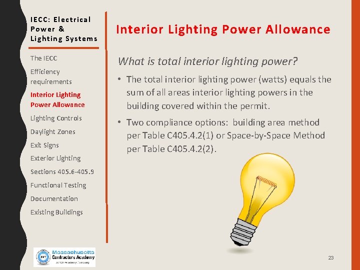 IECC: Electrical Power & Lighting Systems Interior Lighting Power Allowance The IECC What is