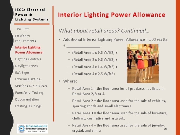 IECC: Electrical Power & Lighting Systems Interior Lighting Power Allowance The IECC What about