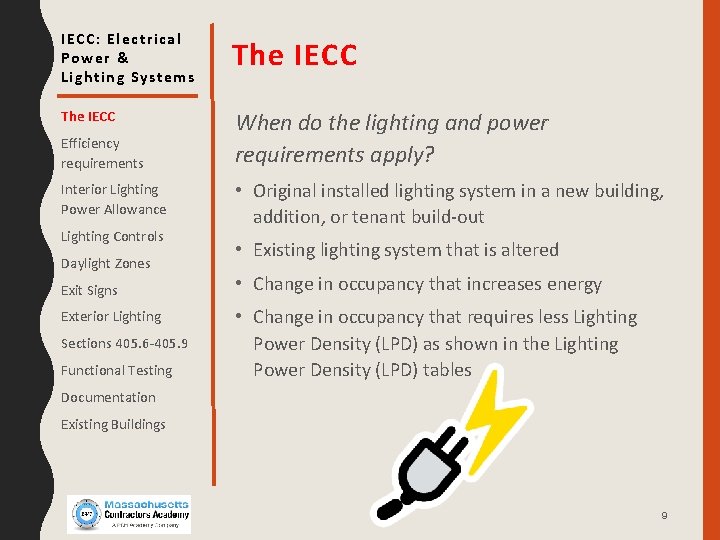 IECC: Electrical Power & Lighting Systems The IECC When do the lighting and power