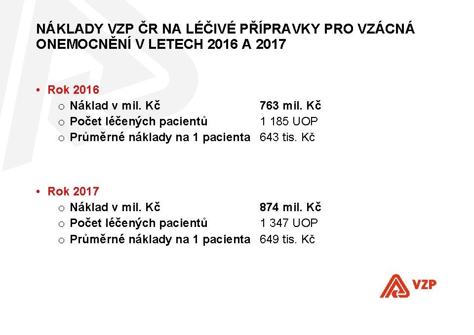 NÁKLADY VZP ČR NA LÉČIVÉ PŘÍPRAVKY PRO VZÁCNÁ ONEMOCNĚNÍ V LETECH 2016 A 2017