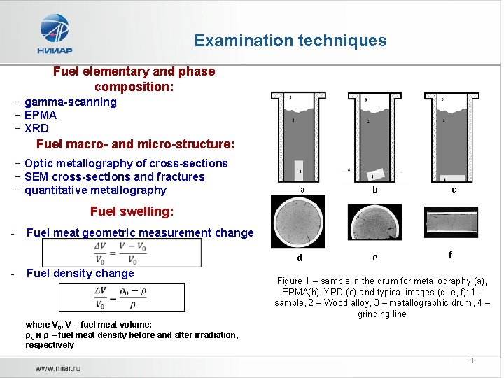 Examination techniques Fuel elementary and phase composition: − gamma-scanning − EPMA − XRD Fuel