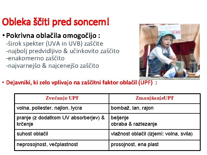 Obleka ščiti pred soncem! • Pokrivna oblačila omogočijo : -širok spekter (UVA in UVB)