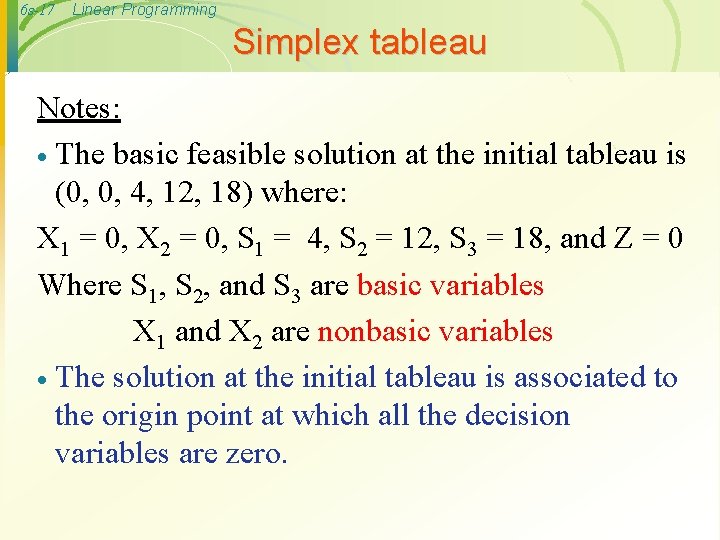 6 s-17 Linear Programming Simplex tableau Notes: · The basic feasible solution at the