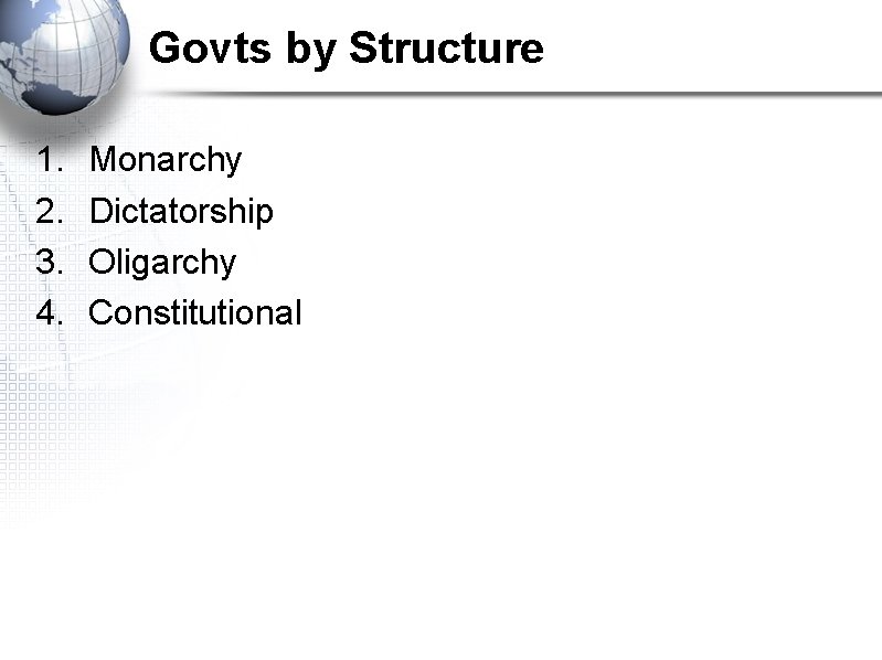 Govts by Structure 1. 2. 3. 4. Monarchy Dictatorship Oligarchy Constitutional 