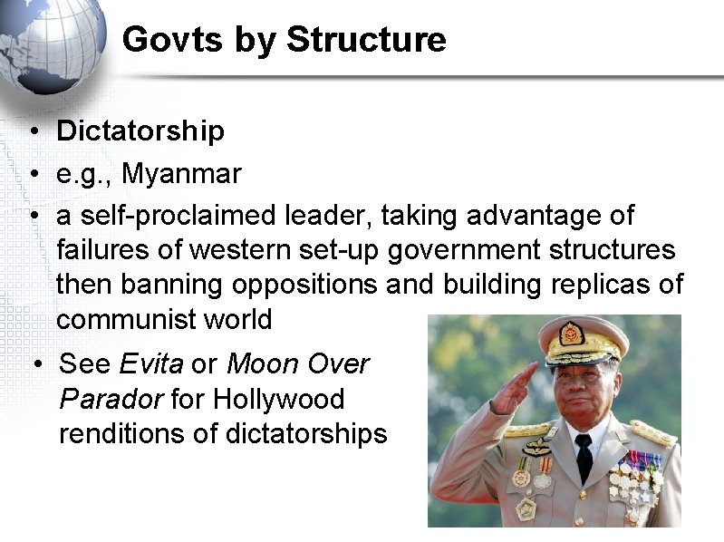 Govts by Structure • Dictatorship • e. g. , Myanmar • a self-proclaimed leader,