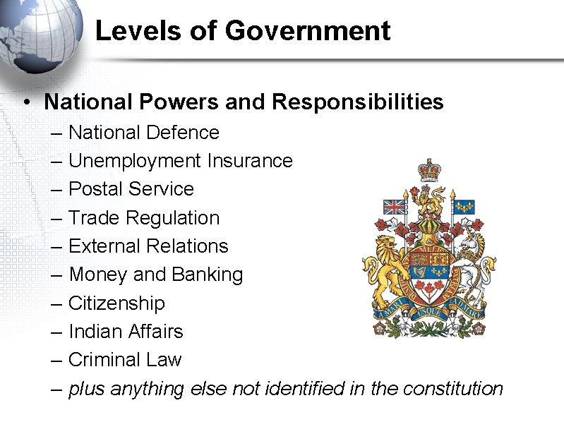 Levels of Government • National Powers and Responsibilities – – – – – National
