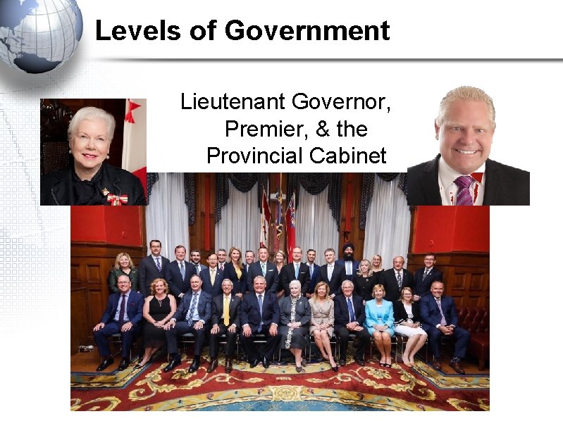 Levels of Government Lieutenant Governor, Premier, & the Provincial Cabinet 