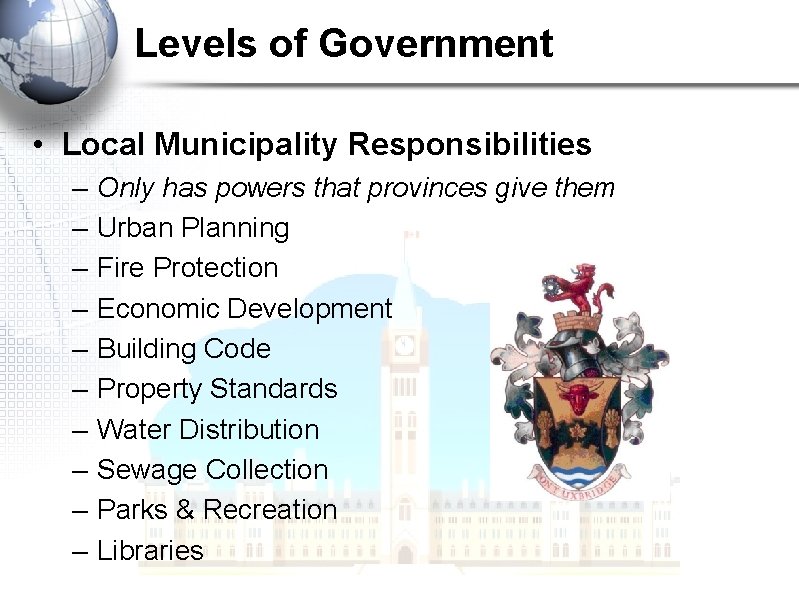 Levels of Government • Local Municipality Responsibilities – – – – – Only has