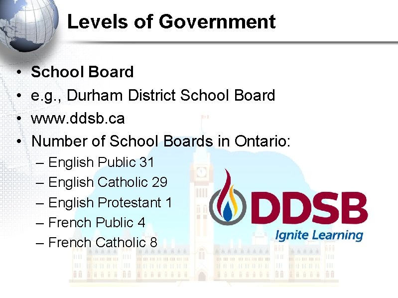 Levels of Government • • School Board e. g. , Durham District School Board