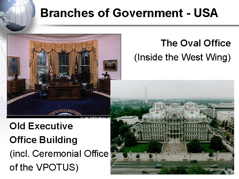 Branches of Government - USA The Oval Office (Inside the West Wing) Old Executive