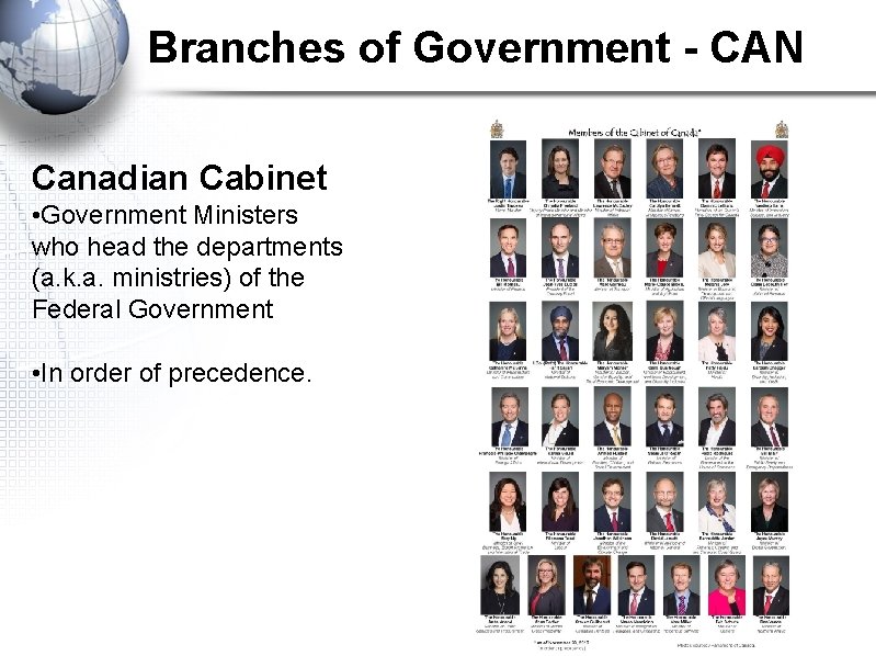 Branches of Government - CAN Canadian Cabinet • Government Ministers who head the departments