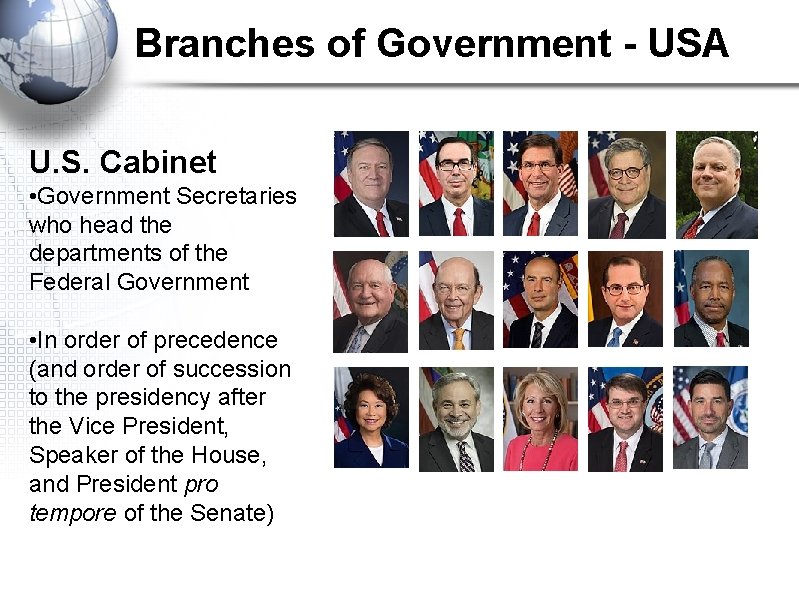 Branches of Government - USA U. S. Cabinet • Government Secretaries who head the