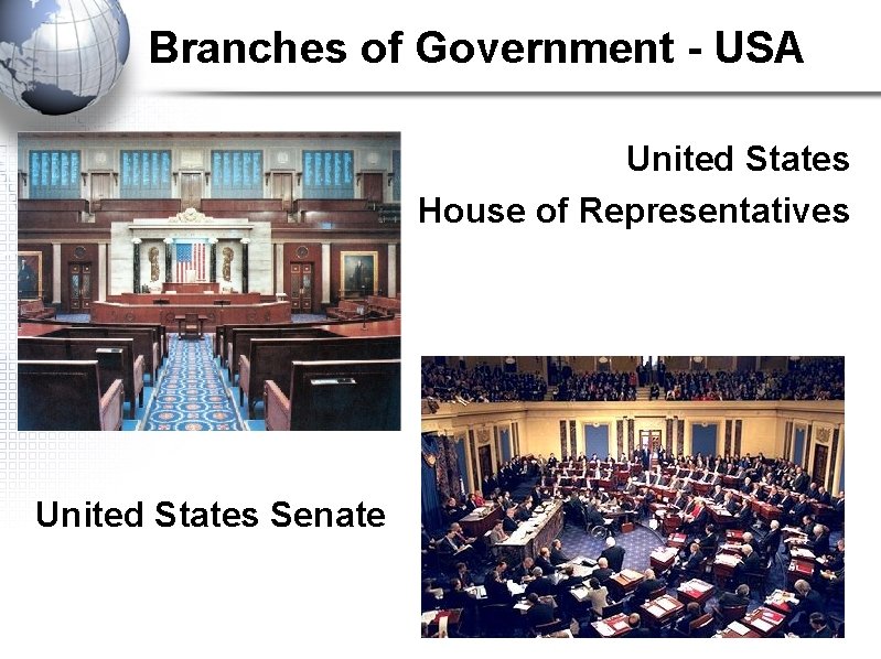 Branches of Government - USA United States House of Representatives United States Senate 