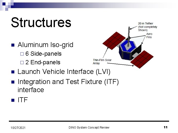 Structures n Aluminum Iso-grid ¨ 6 Side-panels ¨ 2 End-panels n n n Launch
