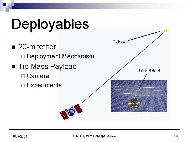 Deployables n 20 -m tether ¨ Deployment n Tip Mass Mechanism Tip Mass Payload