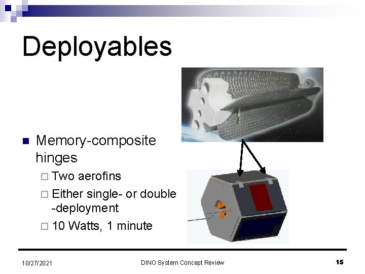 Deployables n Memory-composite hinges ¨ Two aerofins ¨ Either single- or double -deployment ¨