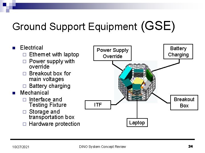 Ground Support Equipment n n Electrical ¨ Ethernet with laptop ¨ Power supply with