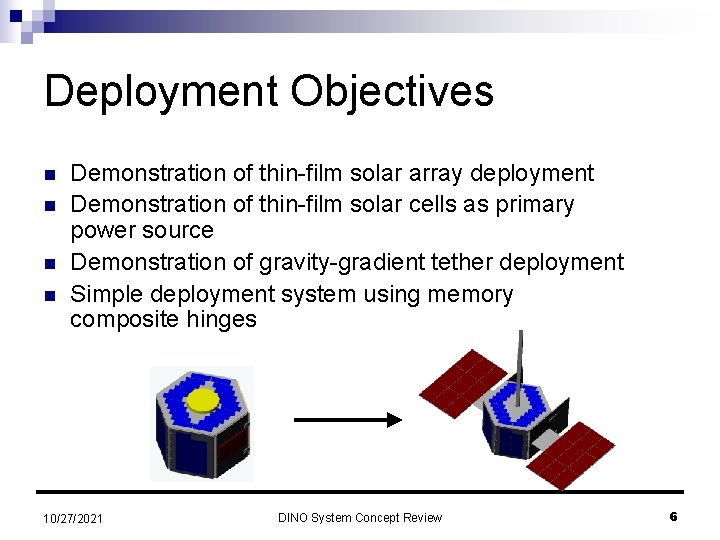 Deployment Objectives n n Demonstration of thin-film solar array deployment Demonstration of thin-film solar