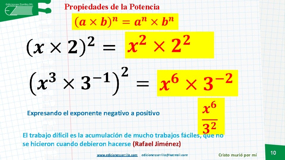 Propiedades de la Potencia Expresando el exponente negativo a positivo El trabajo difícil es