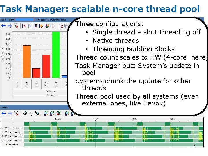 Task Manager: scalable n-core thread pool Three configurations: • Single thread – shut threading