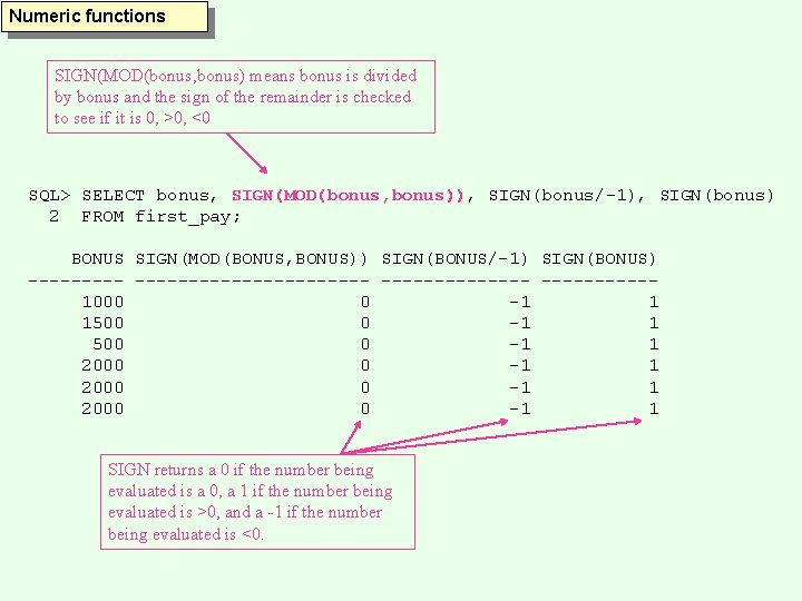 Numeric functions SIGN(MOD(bonus, bonus) means bonus is divided by bonus and the sign of