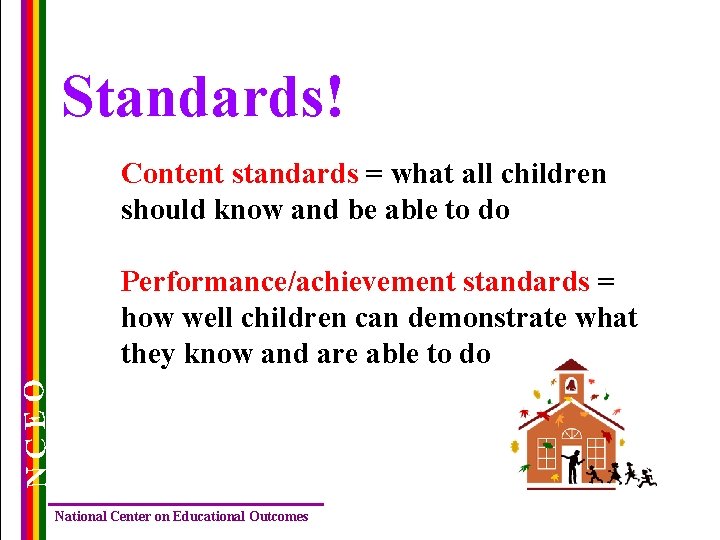 Standards! Content standards = what all children should know and be able to do