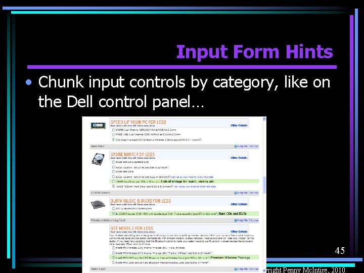 Input Form Hints • Chunk input controls by category, like on the Dell control