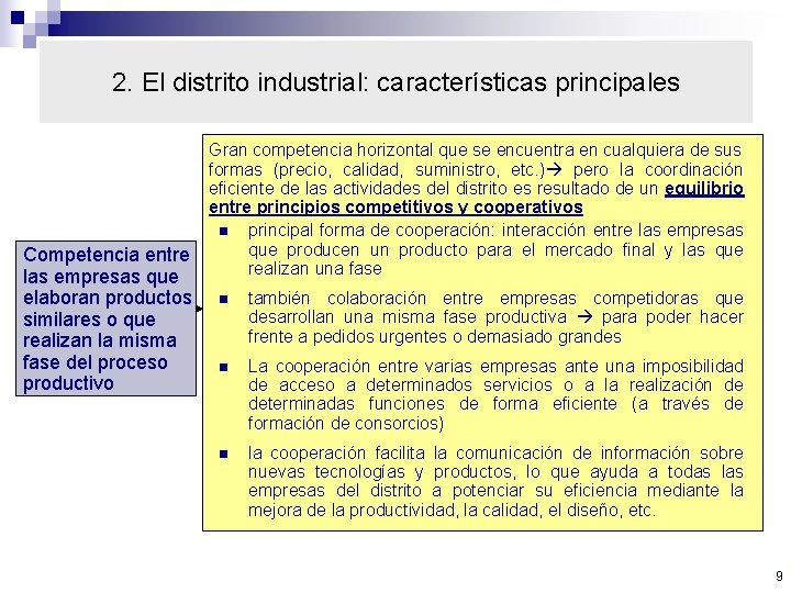 2. El distrito industrial: características principales Competencia entre las empresas que elaboran productos similares