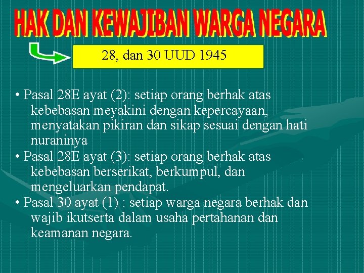 28, dan 30 UUD 1945 • Pasal 28 E ayat (2): setiap orang berhak