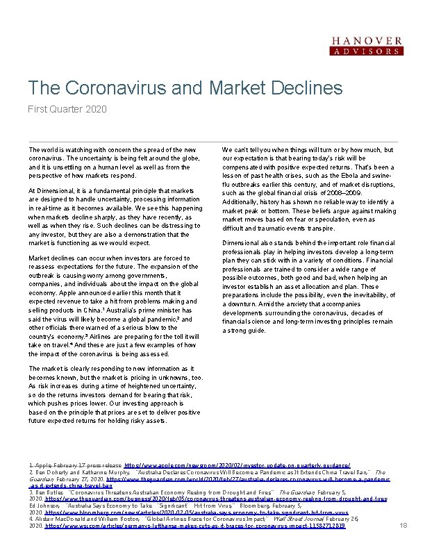 The Coronavirus and Market Declines First Quarter 2020 The world is watching with concern