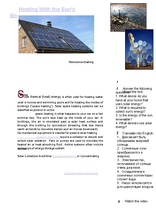 Heating With the Sun's Energy Nonconcentrating 1 S Passive olar thermal (heat) energy is