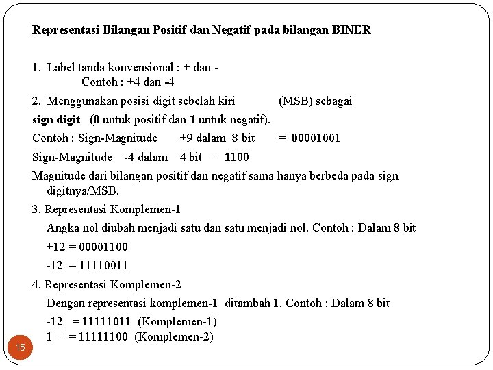 Representasi Bilangan Positif dan Negatif pada bilangan BINER 1. Label tanda konvensional : +