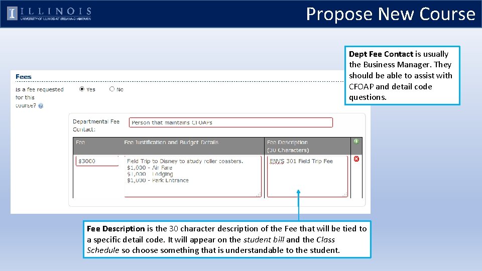 Propose New Course Dept Fee Contact is usually the Business Manager. They should be