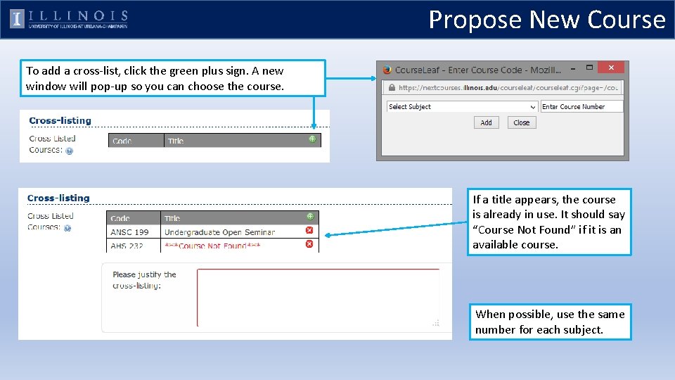 Propose New Course To add a cross-list, click the green plus sign. A new