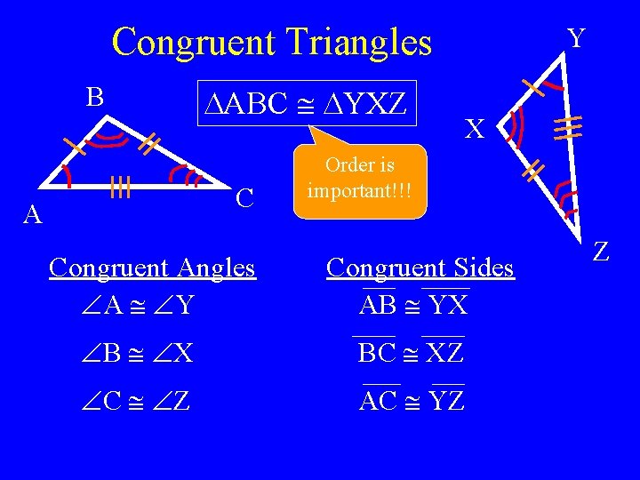 Congruent Triangles B ABC YXZ C A Congruent Angles A Y Y X Order Congruent Triangles B ABC YXZ C A Congruent Angles A Y Y X Order