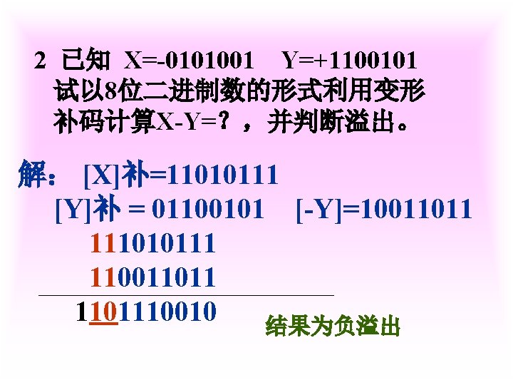 2 已知 X=-0101001 Y=+1100101 试以 8位二进制数的形式利用变形 补码计算X-Y=？，并判断溢出。 解： [X]补=11010111 [Y]补 = 01100101 [-Y]=10011011 111010111