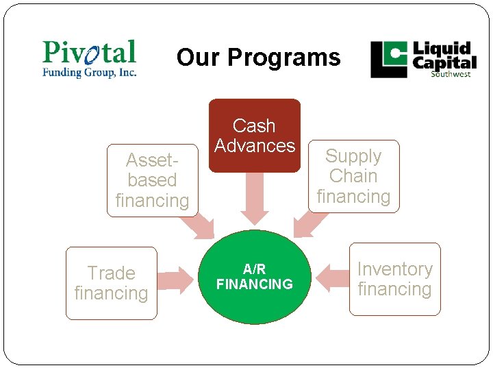 Our Programs Assetbased financing Trade financing Cash Advances A/R FINANCING Supply Chain financing Inventory Our Programs Assetbased financing Trade financing Cash Advances A/R FINANCING Supply Chain financing Inventory