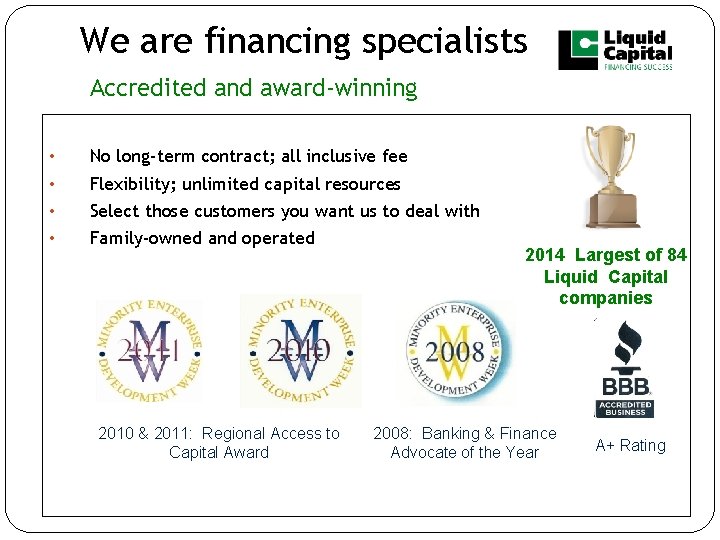 We are financing specialists Accredited and award-winning • No long-term contract; all inclusive fee We are financing specialists Accredited and award-winning • No long-term contract; all inclusive fee
