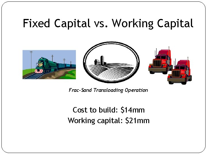 Fixed Capital vs. Working Capital Frac-Sand Transloading Operation Cost to build: $14 mm Working Fixed Capital vs. Working Capital Frac-Sand Transloading Operation Cost to build: $14 mm Working