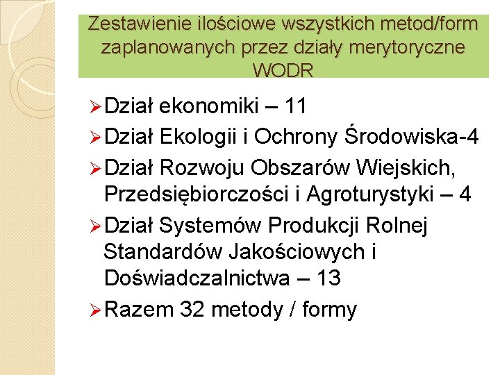 Zestawienie ilościowe wszystkich metod/form zaplanowanych przez działy merytoryczne WODR Ø Dział ekonomiki – 11