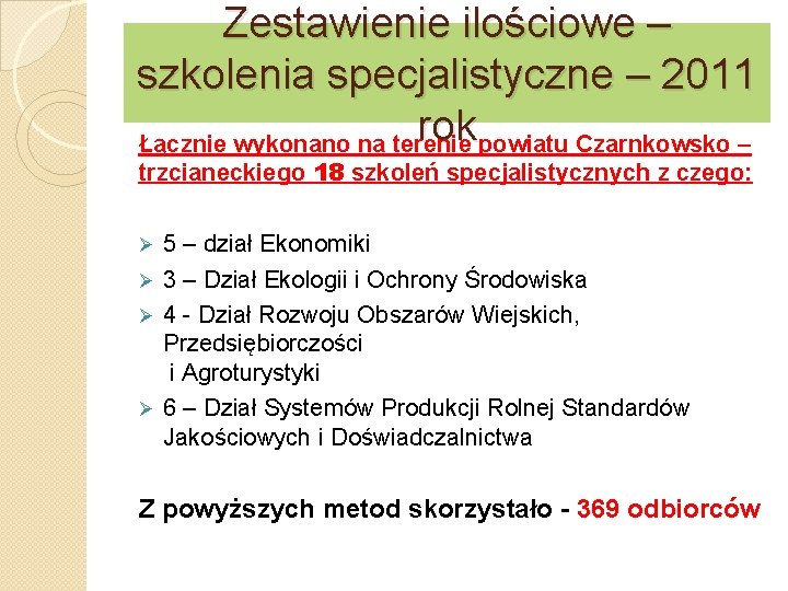 Zestawienie ilościowe – szkolenia specjalistyczne – 2011 rok Łącznie wykonano na terenie powiatu Czarnkowsko