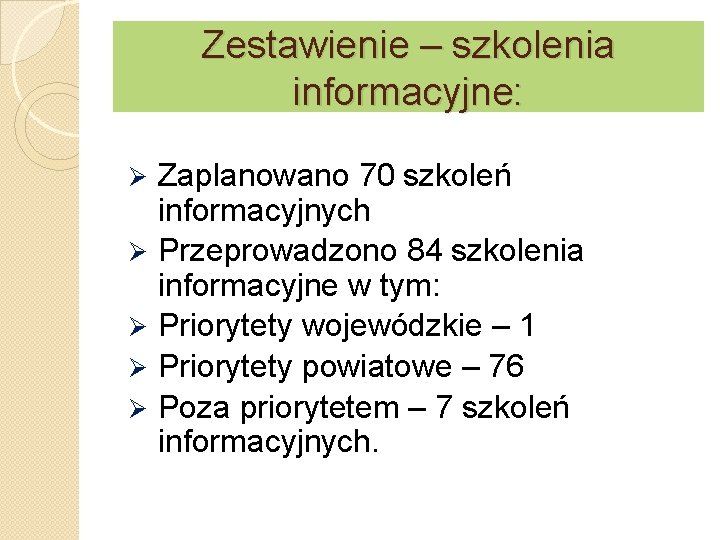 Zestawienie – szkolenia informacyjne: Ø Ø Ø Zaplanowano 70 szkoleń informacyjnych Przeprowadzono 84 szkolenia