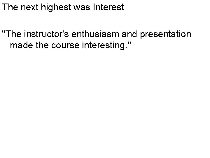 The next highest was Interest "The instructor's enthusiasm and presentation made the course interesting.