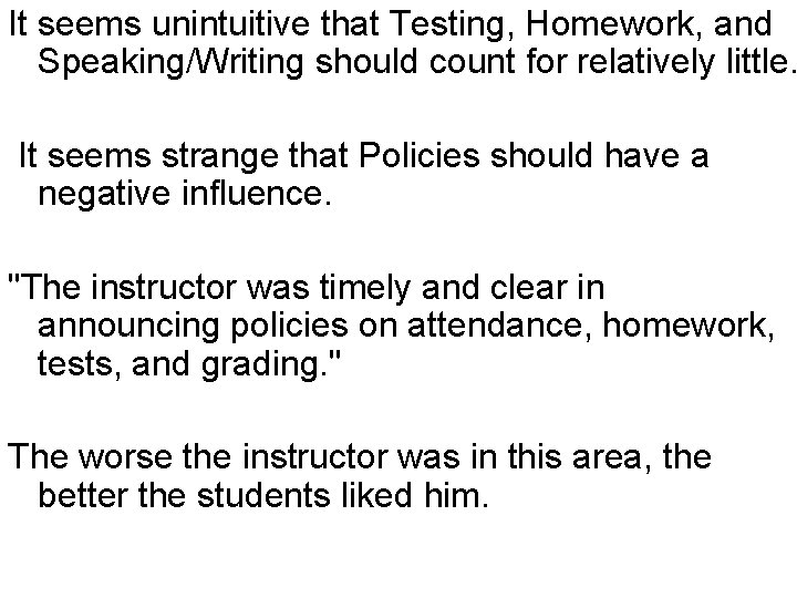 It seems unintuitive that Testing, Homework, and Speaking/Writing should count for relatively little. It