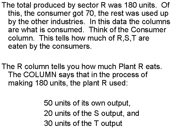 The total produced by sector R was 180 units. Of this, the consumer got