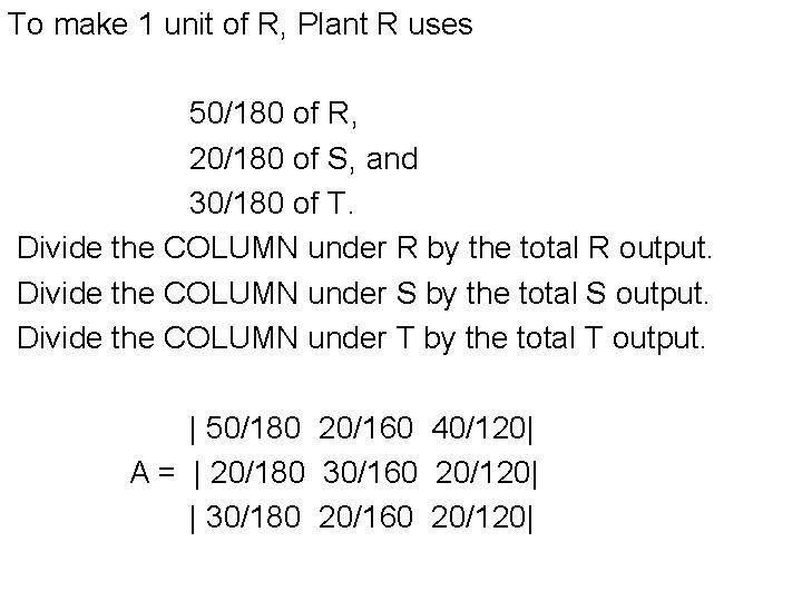 To make 1 unit of R, Plant R uses 50/180 of R, 20/180 of