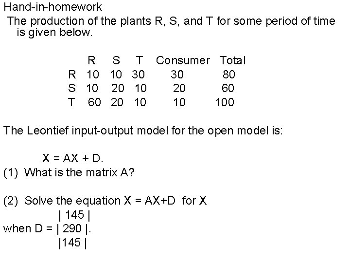 Hand-in-homework The production of the plants R, S, and T for some period of